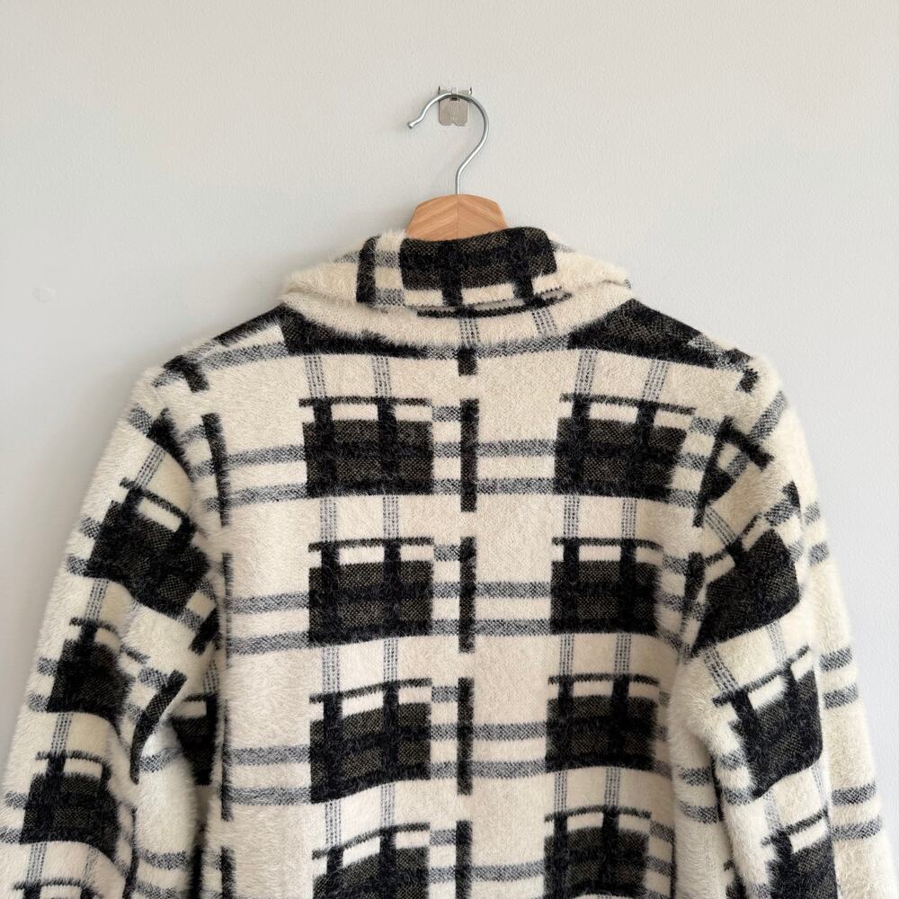 Baciano Plaid Pattern Double-Breasted Mid-Length Teddy Boucle Coat Black White M - Picture 9 of 9